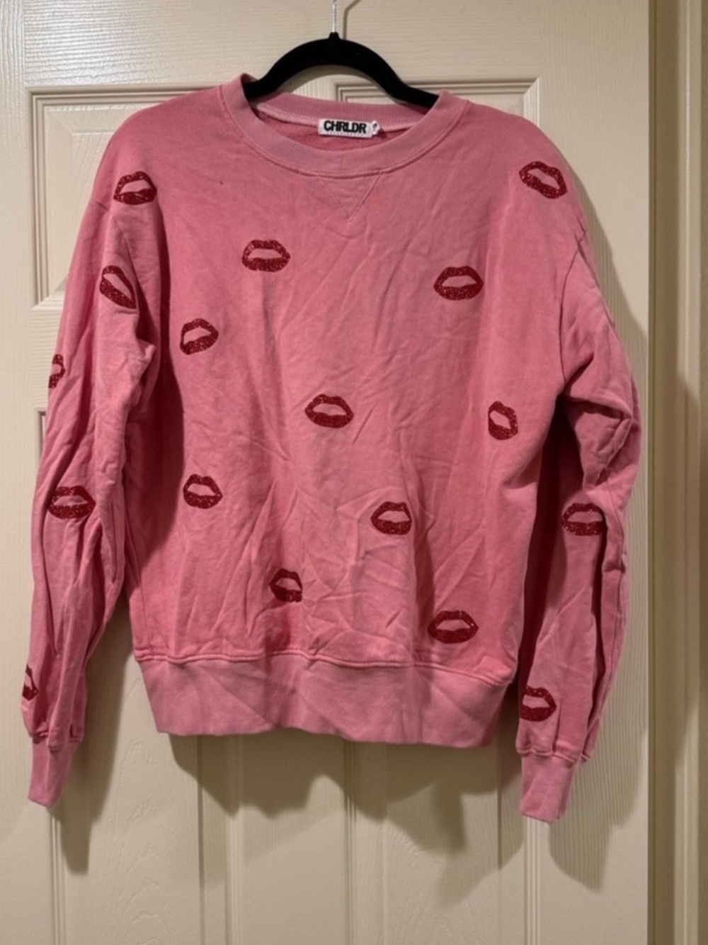 CHRLDR Pink Crew Neck Sweater with Lip Print, Size XS